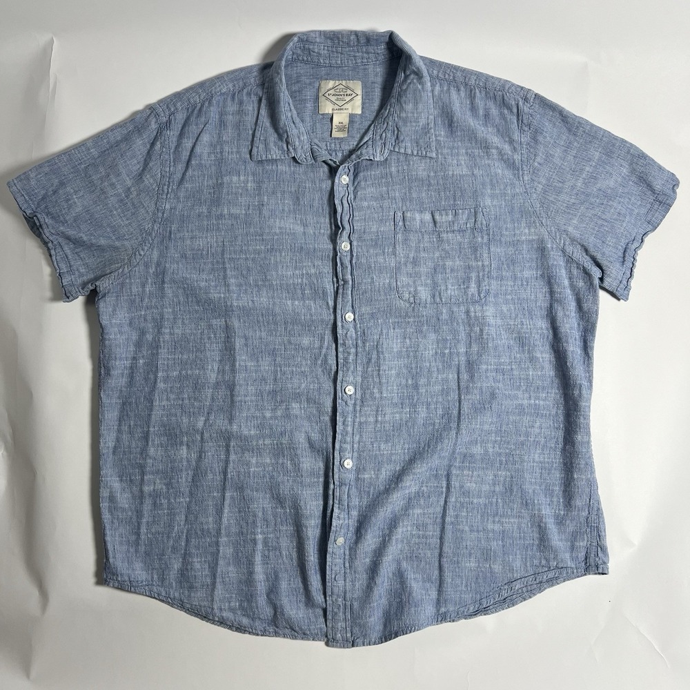 St. John's Bay Men's Blue Solid Woven Cotton Linen Button-Up SS Pocket XXL